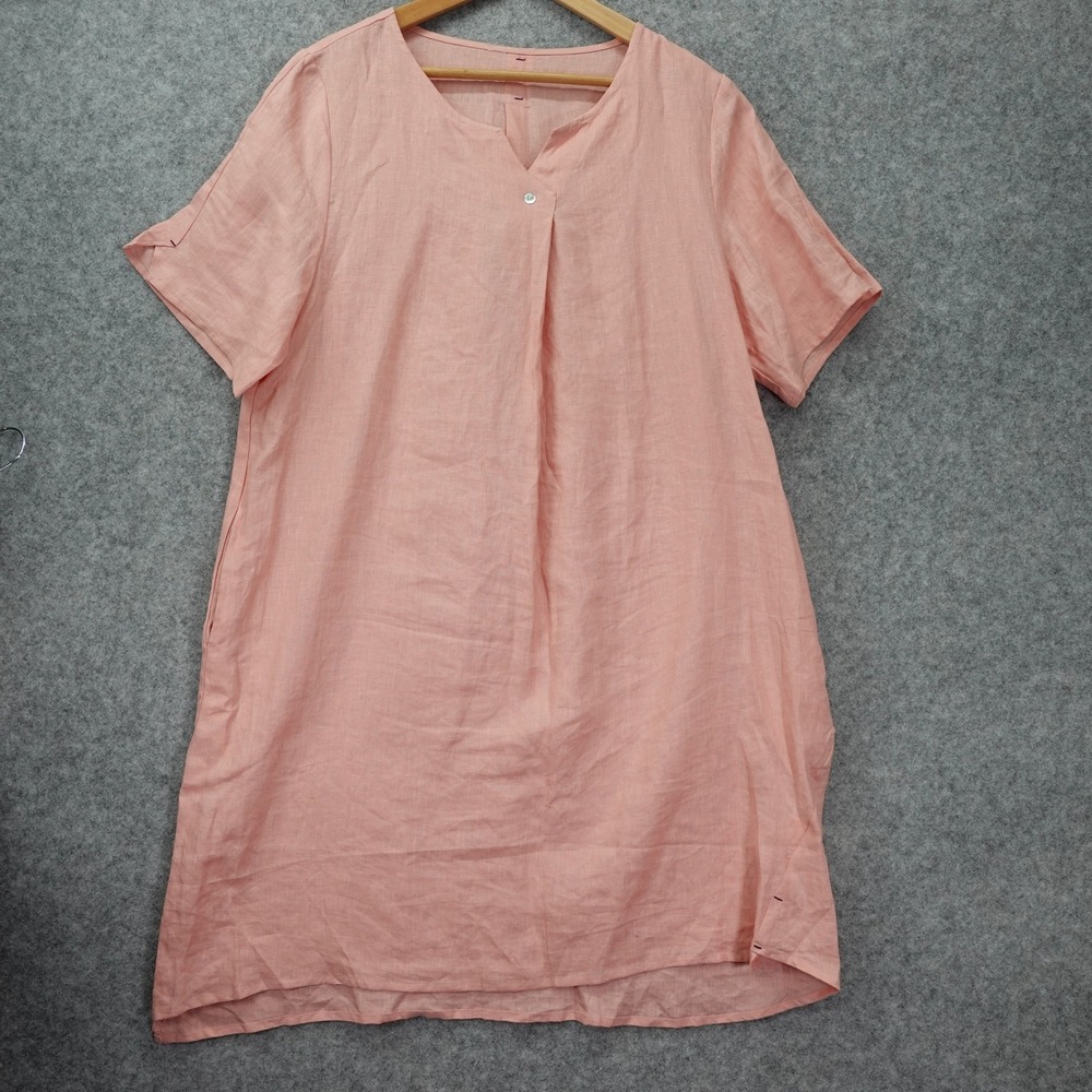 Lagenlook Linen Shift Dress Women XL Salmon Flax Coastal Summer Minimalist Tunic